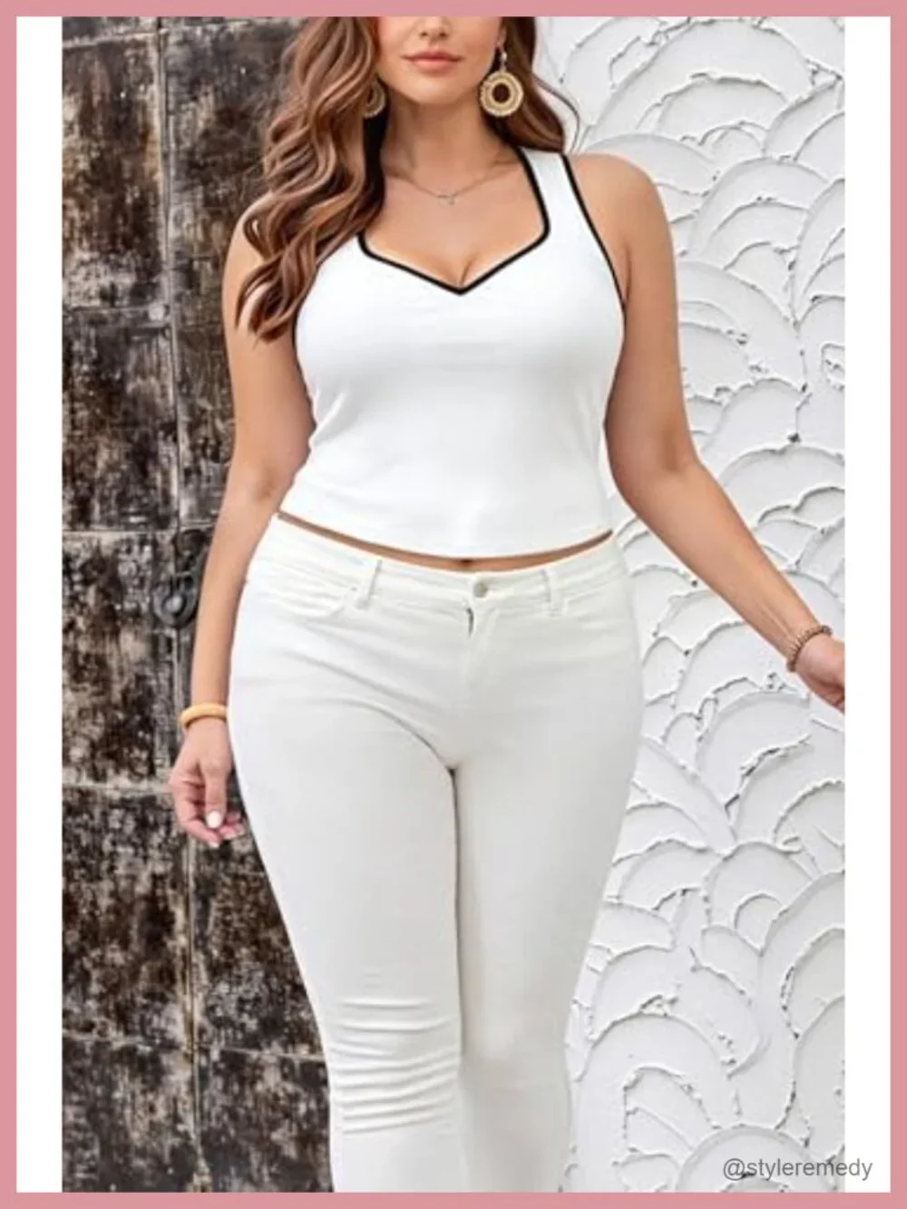 Plus Size Ribbed Crop Tank Top Sweetheart Neckline Contrast Trim